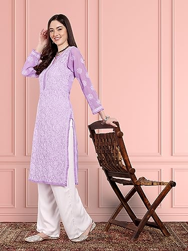 Image of Ada Lucknow Chikankari Hand Embroidered Faux Georgette Kurta Kurti Tunic Dress for Women A95504
