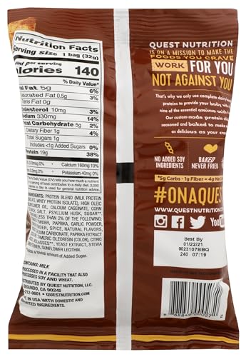 Image of Quest Nutrition Protein Chips, BBQ, 22g Protein, 2g Net Carbs, 130 Cals, 1.2oz Bag, 1 Count, High Protein, Low Carb, Gluten Free, Soy Free, Potato Free