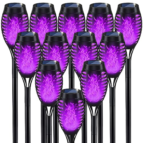12Pack Halloween Yard Decorations, Purple Solar Halloween Lights for Outside Decor, LED Solar Flame Lights Outdoor for Yard Decorations, Waterproof Luces Solares Outdoor Decor for Patio Garden Pathway