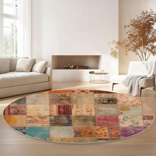 Tapis rond rétro géométrique flanelle multicolore doux lavable 100cm