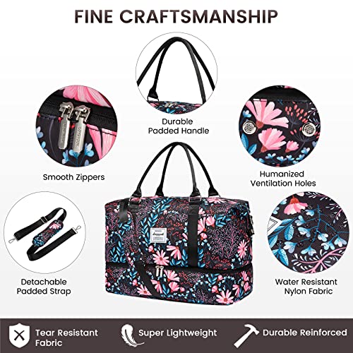 Lovevook Travel Duffle Bag, Weekender Bags For Women With Shoe Compartment, Carry On Overnight Bag With Toiletry Bag, Gym Duffel Bag With Wet Pocket, Hospital Bags For Labor And Delivery, Floral Black #TOP4