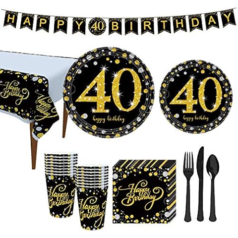 40th Birthday Party Decorations Kit, Tableware Set, Happy Birthday Banner, tablecloths, Plates, Cups, fork, Napkins - 114 Piece Perfect 40 Years Old Party Supplies Cover