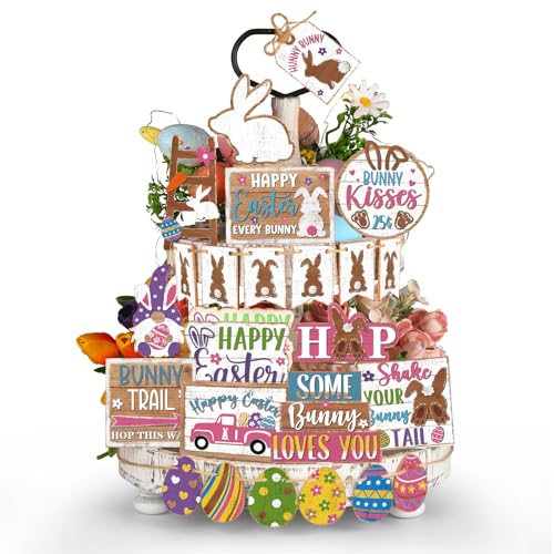 Ziliny 27 Pcs Easter Cute Bunny Eggs Tiered Tray Decor Colorful Bunny Wooden Centerpiece Signs Easter Wooden Sign Bunny Easter Egg Happy Easter for Home Farmhouse Rustic Decor