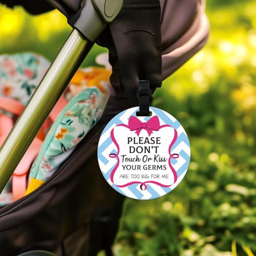 Image of 2 Pack Red Knot Bow No Touching Signs Stop No Touching Safety Sign for Family PVC Seat Signs-Stroller Tag with Hanging Strap and Clip Durable for Car Accessories 5 Inches