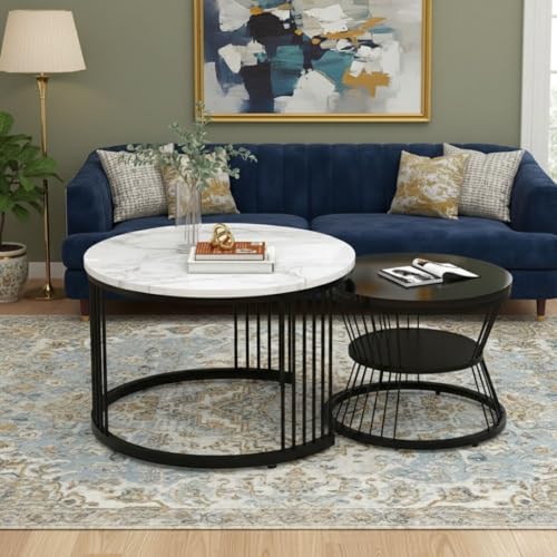 Image of The Round Coffee Table and The Stacking Tea Table with a Gold Metal Frame are Two Versatile Modern Center Tables That Look Great in Living Rooms (Black White 2)