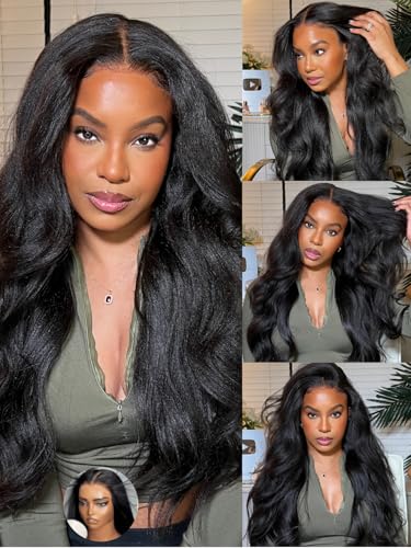 Image of KLAIYI Bye Bye Slip Yaki Straight 7X5 Pre Cut Lace Front Human Hair Wig Drawstring Glueless 30S Ready to Wear and Go Wig with Baby Hair Pre Plucked Bleached Knots Beginner Wigs for Black Women 16Inch