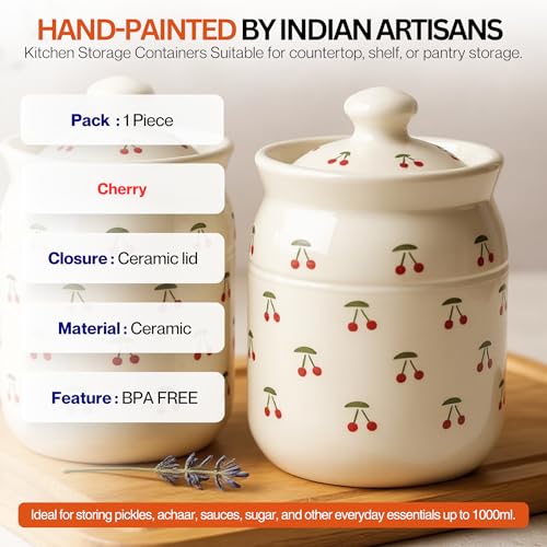 Image of Cherry Printed Ceramic Handglazed Pickle Jars Set of 1-1000 ML Each | 1 kg Achaar Martban Barni Jar with Lid | Ceramic Storage Jar Container Pickle /Achar, Chatney