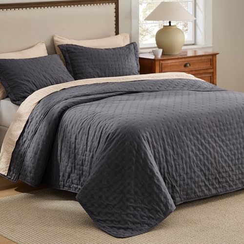 Image of Bedsure Twin Quilt - Ultra Soft Twin XL Quilt Bedding for Dorm Decor, Lightweight All-Season Comforter, Charcoal Bedspread Coverlet with Clover Pattern, 68 x 86 Inches