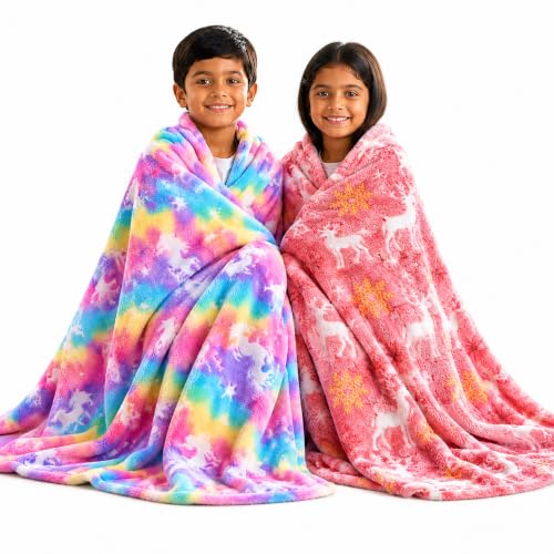 Image of Glow in The Dark Blanket for Kids Pack of 2 (Pink & Peach) | Soft Fleece Reindeer Throw Blanket with Snowflake Glow Design | Warm Flannel Blanket| Winter Bed Blanket | 150 x 200 cm