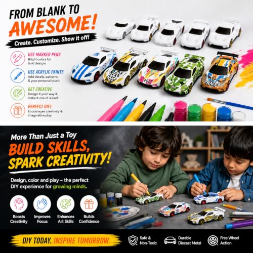 Image of White Series DIY Diecast Metal Toy Cars Pack of 5 | Paint & Design Your Own Cars | Creative Art & Craft Toy Gift for Kids 3+ | Free Wheel 1:64 Scale