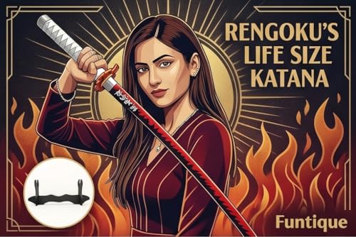Image of Demon Slayer Kyojuro Rengoku Wooden Katana Sword, 104cm Premium Bamboo Anime Flame Hashira Cosplay Replica with Display Stand
