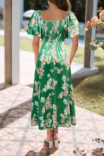 Image of Fashionme Womens Dresses 2026 Maxi Dresses Deep V Neck Elegant Bow Tie Front Cap Sleeve Summer Floral Satin Smocked Dress
