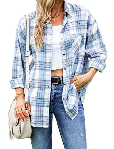 Wanzetaly Womens Casual Oversized Flannel Plaid Button Down Long Sleeve Shirts Fashion Blouse Tops with Pocket