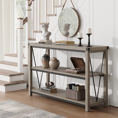 119 cm Narrow Farmhouse Console Table with Storage – 3-Tier Wooden Entryway Table, Long Foyer & Hallway Sofa Back Table for Majlis & Living Room