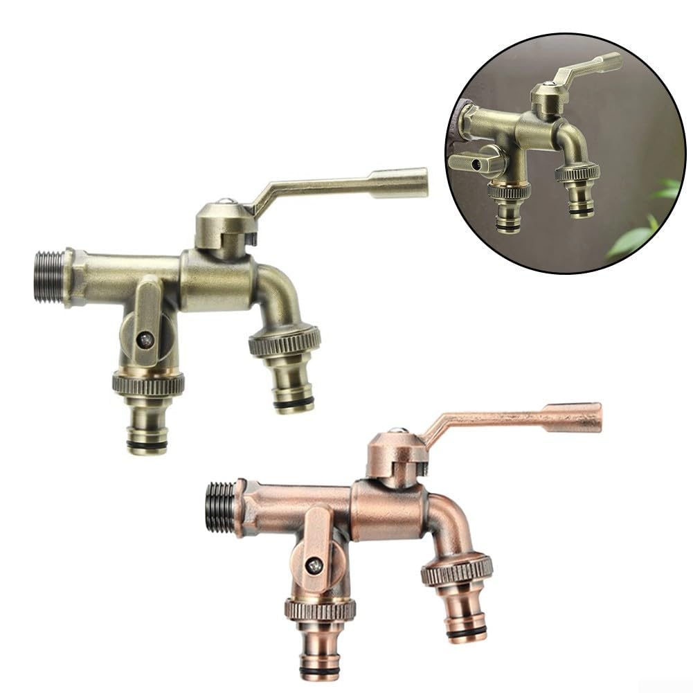 Grifo Exterior de Bronce Antiguo con Entrada de 1/2" y Doble Salida de 3/4". Fabricado en latón para riego con Manguera. Resistente a la Intemperie. Ideal para césped.
