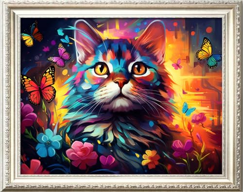 Image of Leczany Cross Stitch Stamped Kit for Adults - Colorful Cat | DIY Embroidery Starter Patterns Craft Kit Needlepoint for Beginner | 11CT, 3 Strands | 17.7x12.6 inches