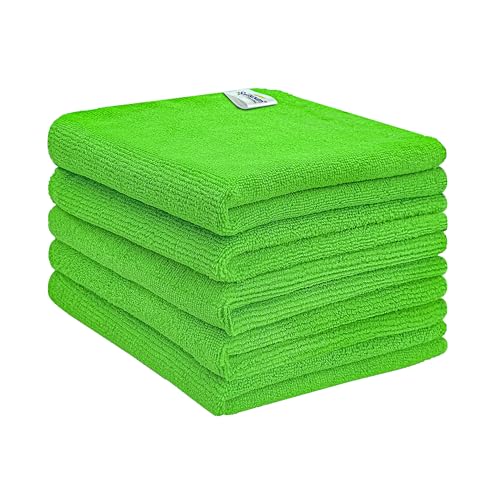 Image of SOFTSPUN Microfiber Cleaning Cloths, 5pcs 40x40cms 340GSM Green! Highly Absorbent, Lint and Streak Free, Multi -Purpose Wash Cloth for Kitchen, Car, Window, Stainless Steel, Silverware.