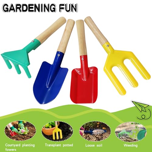 YORFULL Garden Tools Set for Kids, Kinder Gartenwerkzeug Set, 5-teiliges Gartenset Kinder mit Gabel, Kelle, Handschuhe, Rechen und Schaufel, Kinder Gartengeräte mit Stabilem Holzgriffen