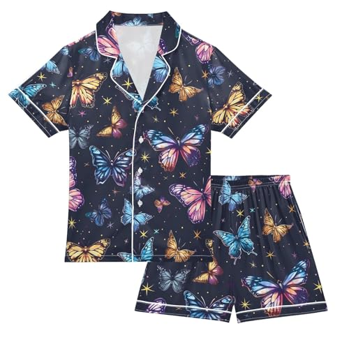 ALAZA Starry Butterfly Pajamas Satin Pajama Set Short Sleeve Button Down Sleepwear