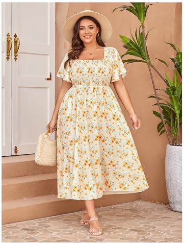 Image of Floerns Women's Plus Size Floral Square Neck Flounce Short Sleeve A Line Maxi Dress