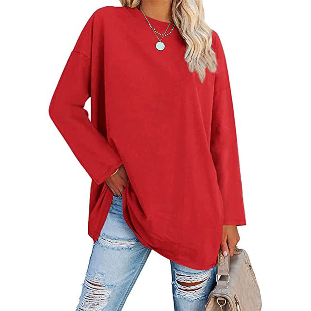 Famulily Damen Basic Rundhalsausschnitt Langarm Baumwolle T-Shirts Einfarbige Bequeme lose Tunika T-Shirts Tops