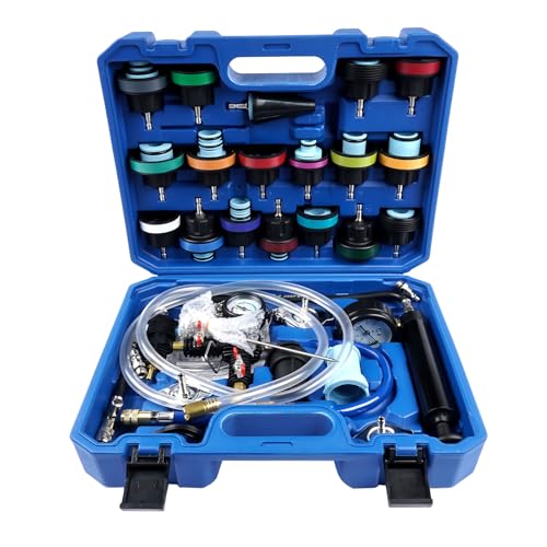Hopzty 28tlg Kühlsystem Abdrückgerät Tester Kühlwasser Befüllgerät Kühler Entlüftungsgerät Kühlsystemtester Wassertank Lecksucher Kühlmittel Testkoffer zum Prüfen & Befüllen, Blau