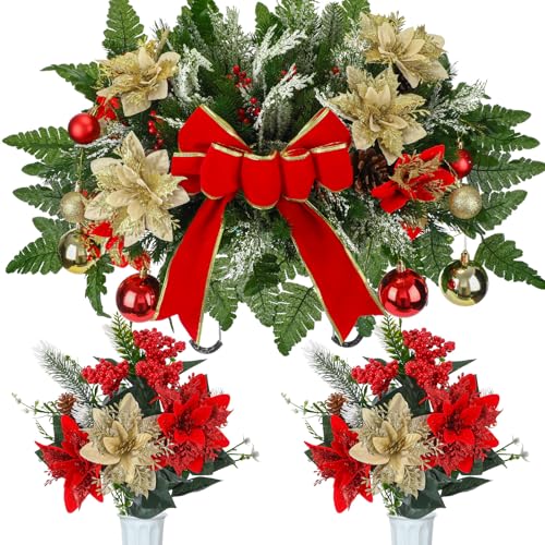 Thiccywoov 3 Pcs Artificial Cemetery Flowers Snow Frosted Christmas Headstone Flower Saddle with Ribbon Red Poinsettia Memorial Bouquets with Vase for Christmas Memorial Grave Decor(Red, Gold) by Thiccywoov - Used condition - US$18.15