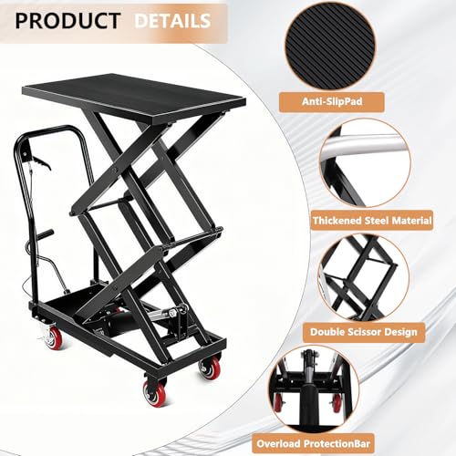 Image of Hydraulic Lift Table Cart, 330 LBS Load Capacity 50 in Lifting Height, Manual Double Scissor Lift Table with Non-Slip Pad and 4 Wheels,Hydraulic Scissor Cart for Material Handling (330 LBS - Double)