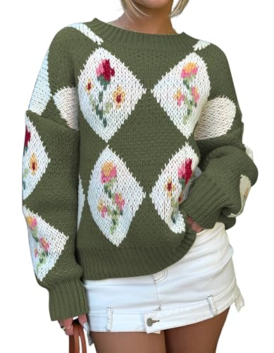 Image of ZAFUL Floral Sweaters for Women Trendy Crew Neck Long Sleeves Knitted Pullover Boho Sweater Chunky Knit Tops