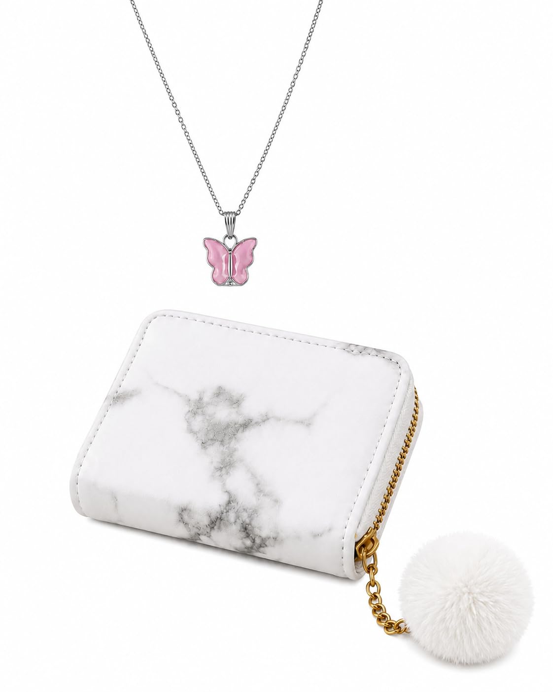 Marble Print Zip Wallet with Butterfly Pendant Necklace Set-image-33