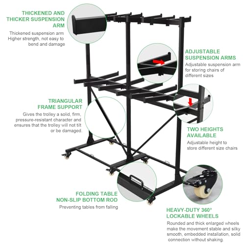 Image of Folding Chair Cart Storage Rack Thickened Two Tier Heavy Duty Folding Table Chair Racks for Storage with Locking Rubber Wheels can Withstand 800LBS Capacity