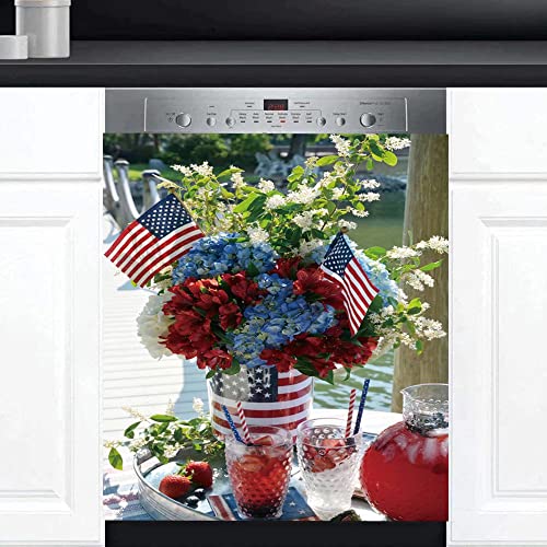 Ameican Flag Dishwasher Magnet Sticker Patriotic Country Refrigerator Door Magnetic Cover,Ameica Flower Vinyl Panel Decal Kitchen Decoration Panel Decal 23"X26" #TOP11