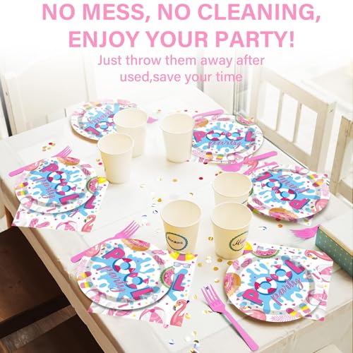 Image of Qyeahkj 100 Pcs Summer Pool Party Plates and Napkins Set Pink Swimming Pool Party Decorations Supplies Beach Disposable Paper Tableware Dinnerware Favors Birthday Shower Serves 25