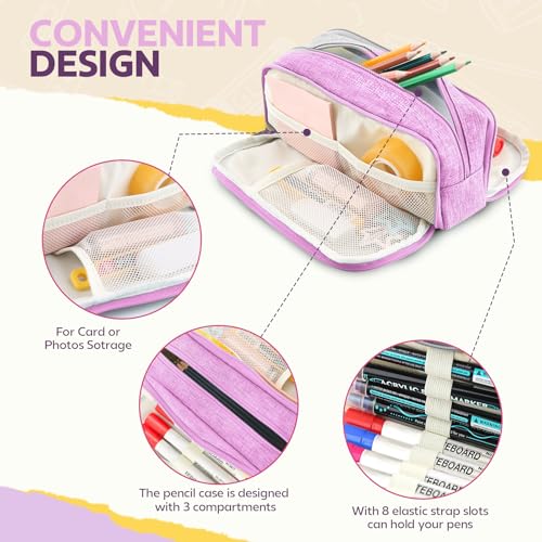 Image of Large Capacity Pencil Case Pencil Pouch Pen Bag with 3 Compartment Stationery Organizer with Zipper, School Supplies Organizer for Teen Adults (Purple)