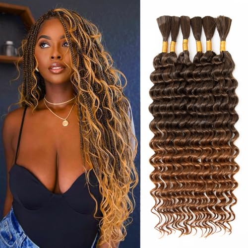Deep Wave Bulk hair for Braid No Weft Deep Wave Bulk hair for Braiding Micro Faux Braiding Hair for Boho Braids Wet and Wave 24Inch,#1B30 6Bundles