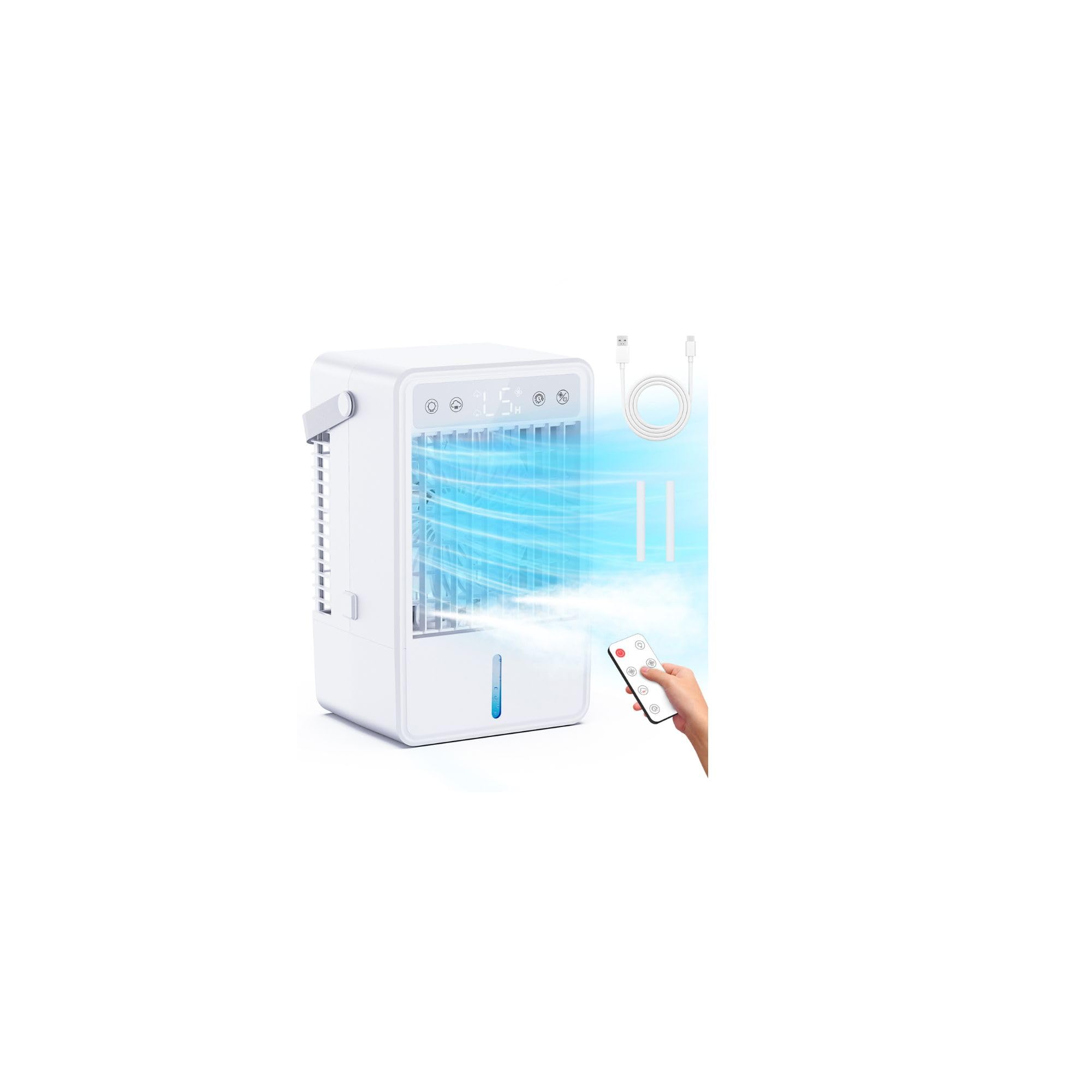 Portable Air Conditioner 1500ML, Portable Air Cooler with Remote control, Quiet Air Conditioner 5 Wind Speeds & 2 Spray Modes 4μm Mist, Timer 2-10H, 7 LED Light, 10W Low Energy for Home Office Camping