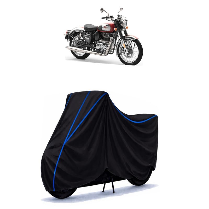 Image of Classic 350 Bike Cover Water Resistant Universal Motorcycle Rain | Heavy Duty UV Protection, Dust, Scratch Indoor Outdoor All Weather with Black Blue Piping Elastic