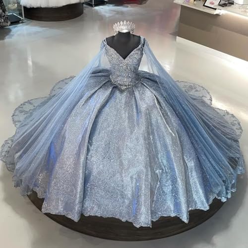 Sparkly Fabric Gold Embroidery Patterning V Neck Ball Gown Quinceanera Prom Formal Dresses with Straps 20253