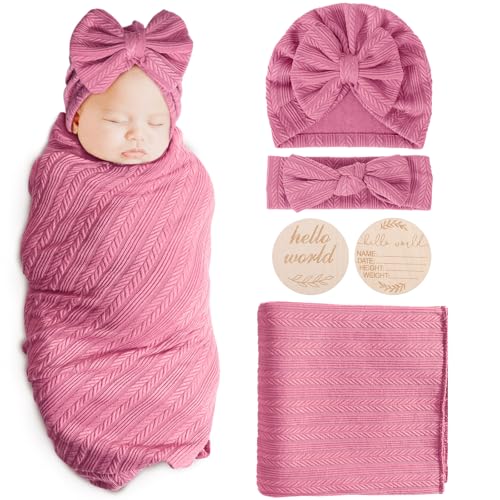 Image of AQOKKA Newborn Receiving Blanket with Bow Hat Headband Wooden Card Set Wheat-Pattern Newborns Toddler Baby Boy Girl Nursery Swaddle Wrap