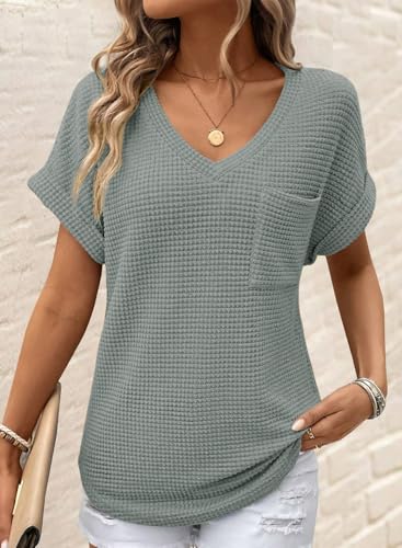 Dokotoo Womens Waffle Knit Tops 2025 Fall Summer V Neck Shirts Casual Trendy Women's Blouses Basic Tee2