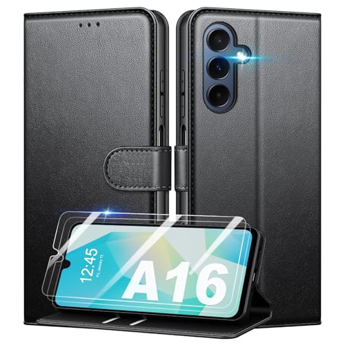 Mofurd Funda para Samsung Galaxy A16 4G/ 5G + 2 * Protector de Pantalla de Vidrio Templado, [Bloqueo RFID] Funda con Tapa de Cuero PU Premium Protector [Ranuras para Tarjetas] [Soporte], Negro