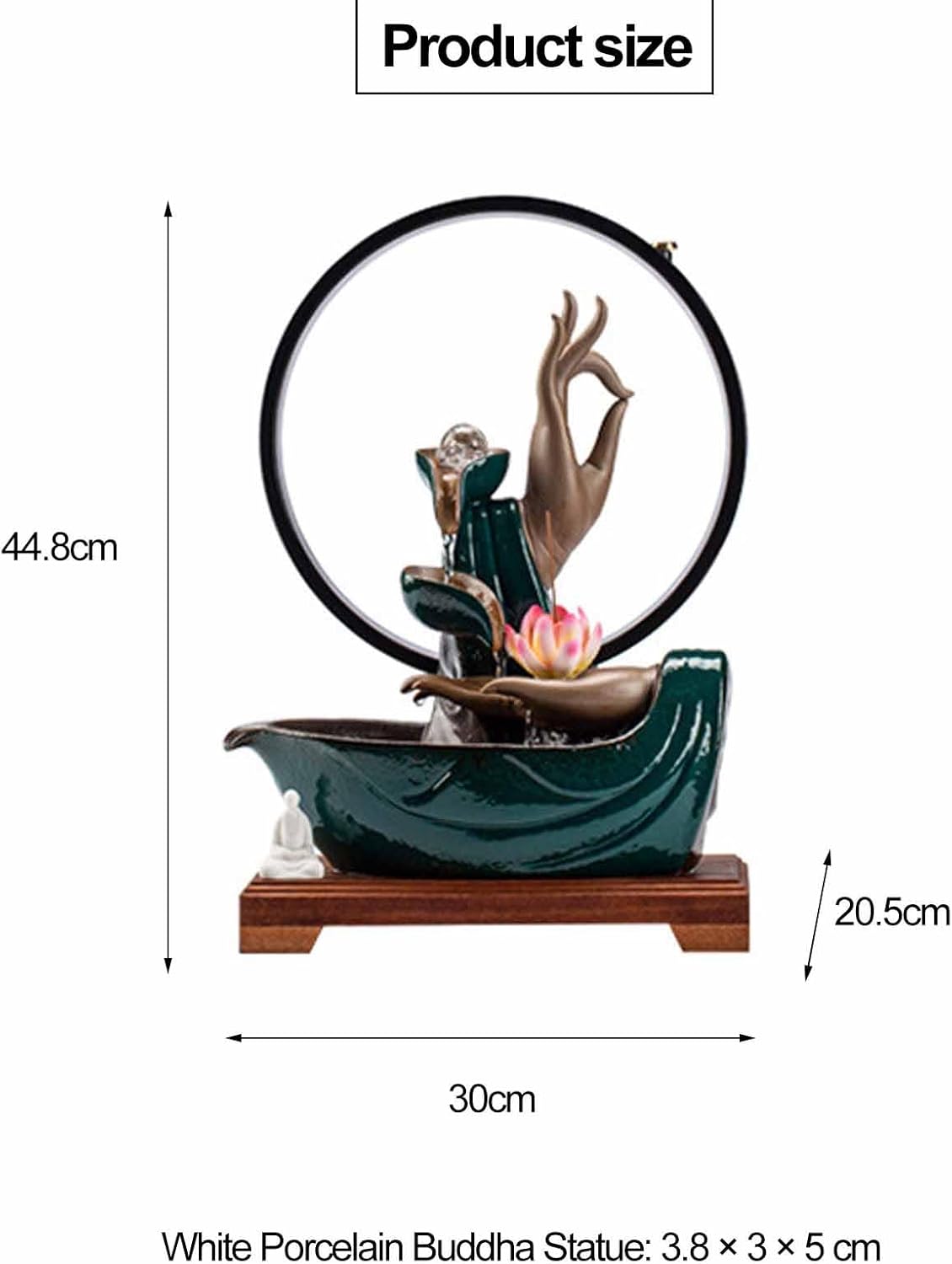 Waterfall Incense Holder Burner Fountain, Chinese Style Meditation Desk Fountain with LED Light Ring, Zen Ceramic Fountain Kit for Home, Office, Decor, Yoga(A)