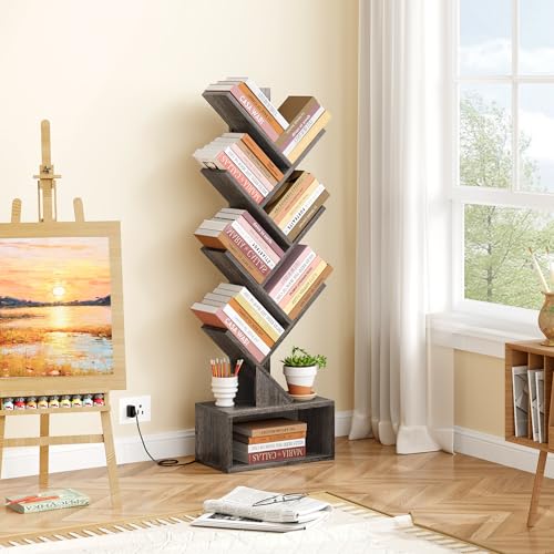 Image of Hoctieon 6 Tier Tree Bookshelf, Tall Bookcase, Freestanding Book Shelf with LED Lights, Display Floor Standing Storage Shelf, Book Organizer Shelves for Home Office, Living Room, Grey