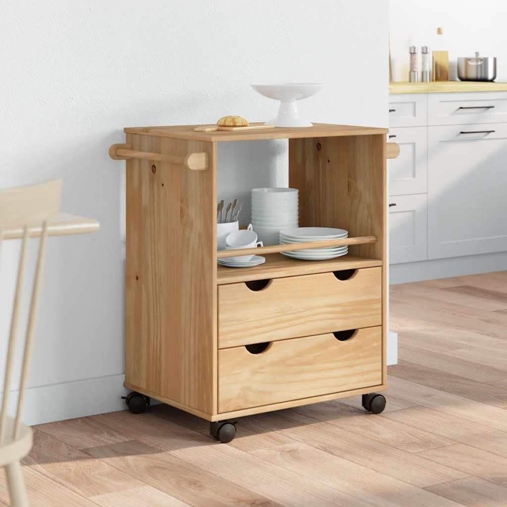 vidaXL Carrito de Cocina, Carro Organizador de Almacenamiento, Carrito de Servicio de Alimentos, Carro de Verduras Bebidas, Madera Maciza de Pino