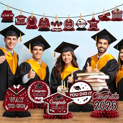Image of Graduation Decorations 2026, 10PCS Graduation Centerpieces for Table Maroon Black Graduation Party Decorations Class of 2026 Congrats Grad Honeycomb Centerpieces Table Decor Graduation Party Supplies