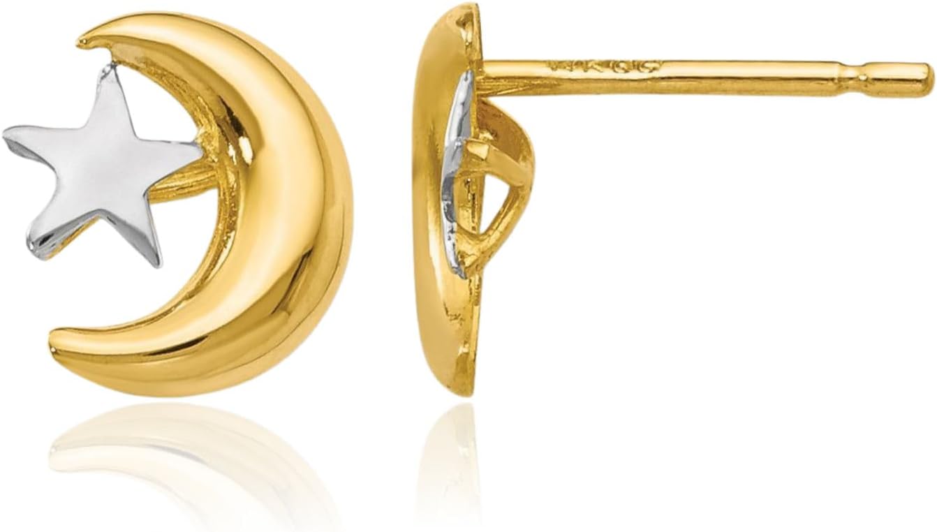 14K Solid Yellow Gold Large Moon Star Stud Earrings 7.5mm 1/4 inch Butterfly Back for her IceCarats