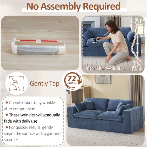 Image of 83''Cloud Boneless Sectional Couch, Modular Sectional Sofa Deep Seat, Upholstered Convertible Comfy Loveseat Chenille Memory Foam Sofa Couches for Living Room, Blue
