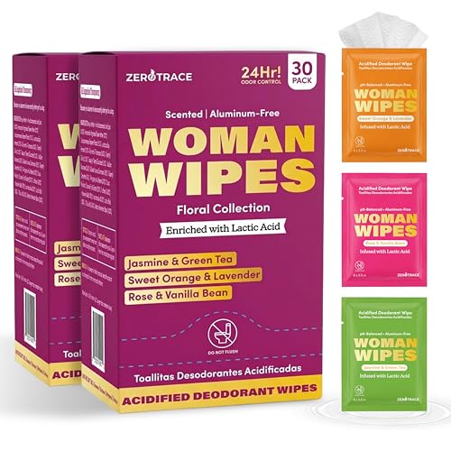 Image of Zero Trace Deodorant Wipes for Women - 30 Individually Wrapped, pH-Balanced Body Wipes with Lactic Acid - Jasmine, Orange & Lavender, Rose & Vanilla - Aluminum-Free Travel Wipe for Gym & On-the-Go