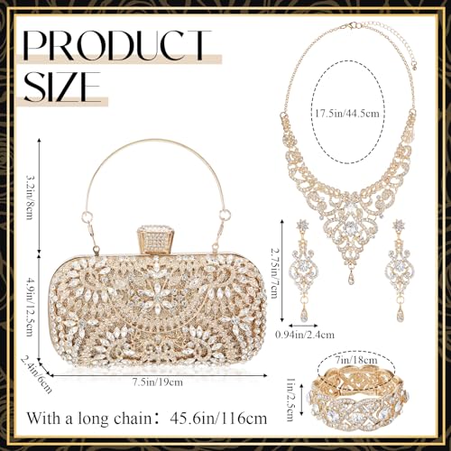 Quelay 4 Pcs Women Rhinestone Clutch Purses Jewelry Set Silver Clutch Evening Bag Bling Crystal Necklace Dangle Earrings Sparkly Bracelet for Wedding Formal3
