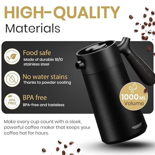 Heemburg French Press Thermal Coffee Maker Cafetiere Thermo Double Wall Insulated Vacuum Stainless Steel Manual Brewer - Image 3